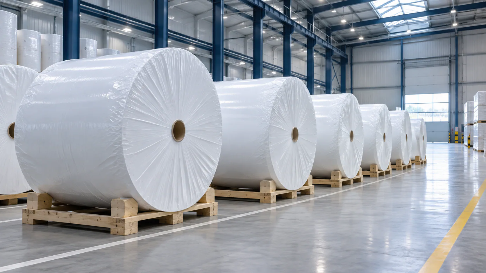 Wrapped TAD parent reels prepared in a bright warehouse